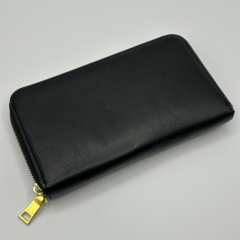 Old Navy Black Pebbled Faux Leather Zip Wallet Gold Tone Hardware Minimal Gothic